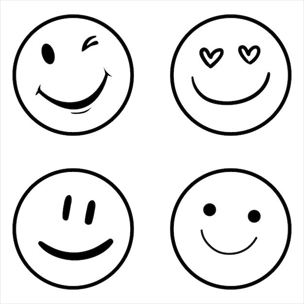 four smiley faces with hearts in the middle and two on each side, all drawn by hand