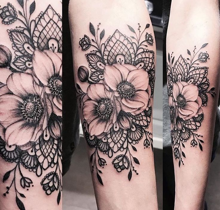 three different views of a woman's legs with flowers on them and lacework