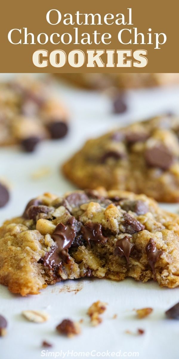 an oatmeal chocolate chip cookie is cut in half and stacked on top of each other