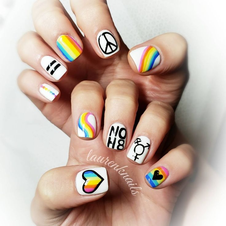 Pride, Peace & Equality Rainbow Pride Month Nails Pride Nails 2024, Men’s Pride Nails, Pride Nails Designs Short Nails, Lgbtq Nail Designs, Goth Gay Pride Nails, Pride Nails Lesbian Flag, Pride Month Nails, Pride Nails Designs, Pride Month Coffin Nails