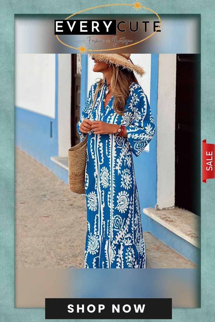 Breezy Blue Long Sleeve Maxi Dress Light Blue Maxi Dress For Beach Cover-up, Light Blue V-neck Maxi Dress For Beach, Blue Summer Maxi Dress For Vacation, Spring Vacation Light Blue Maxi Dress, Spring Blue Maxi Dress For Beach, Light Blue Maxi Dress For Spring Vacation, Blue Maxi Dress For Spring Beach Cover-up, Light Blue V-neck Maxi Dress For The Beach, Light Blue V-neck Midi Dress For Vacation