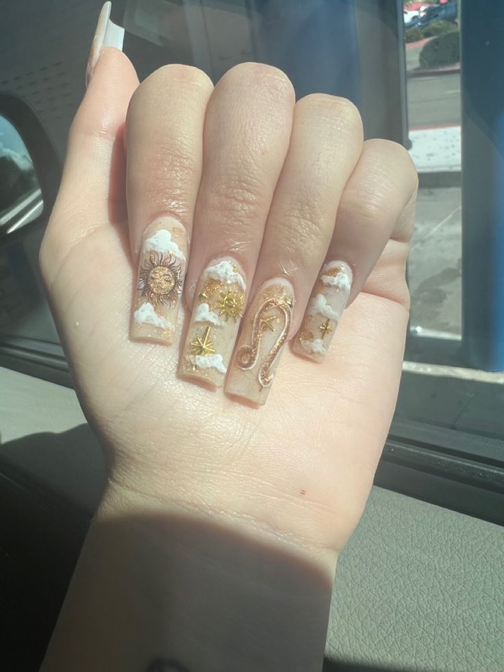 21st Birthday Nails Leo, Leo Bday Nails, Leo Nail Ideas, Leo Szn Nails, Birthday Nail Set Ideas Leo, Leo Acrylic Nails, Libra Nail Art, Leo Nail Art, 21 Bday Nails