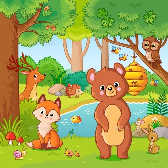 a cartoon bear standing in the forest with other animals