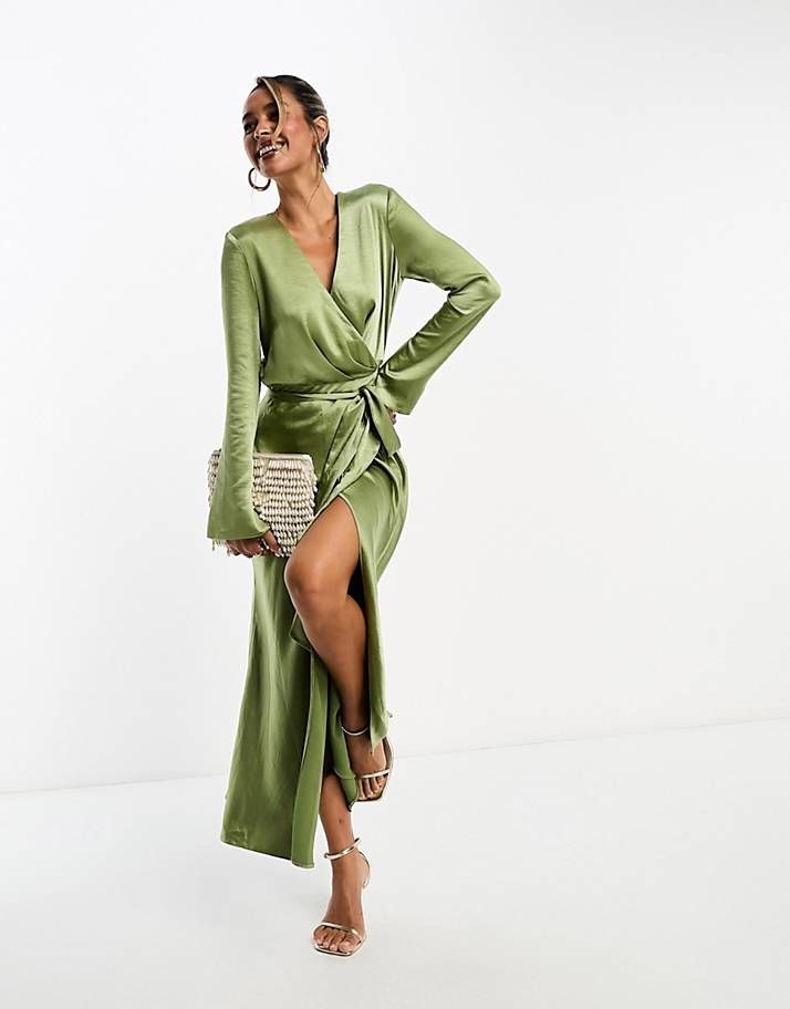 Women's Christmas & Thanksgiving Outfits | Party Outfits | ASOS Olive Green Satin Dress Long Sleeve, Khaki Dress Outfit Wedding, Guest Wedding Outfits, Velvet Bustier, Green Satin Dress, Embellished Jumpsuit, Satin Dress Long, Midaxi Dress, Satin Long Sleeve