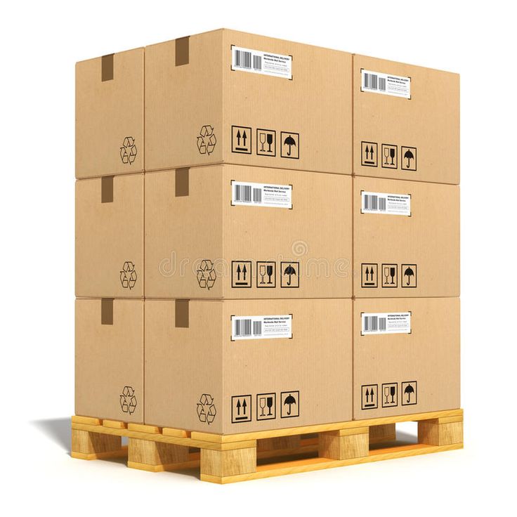 several cardboard boxes stacked on pallets with labels stock photo - image 349874