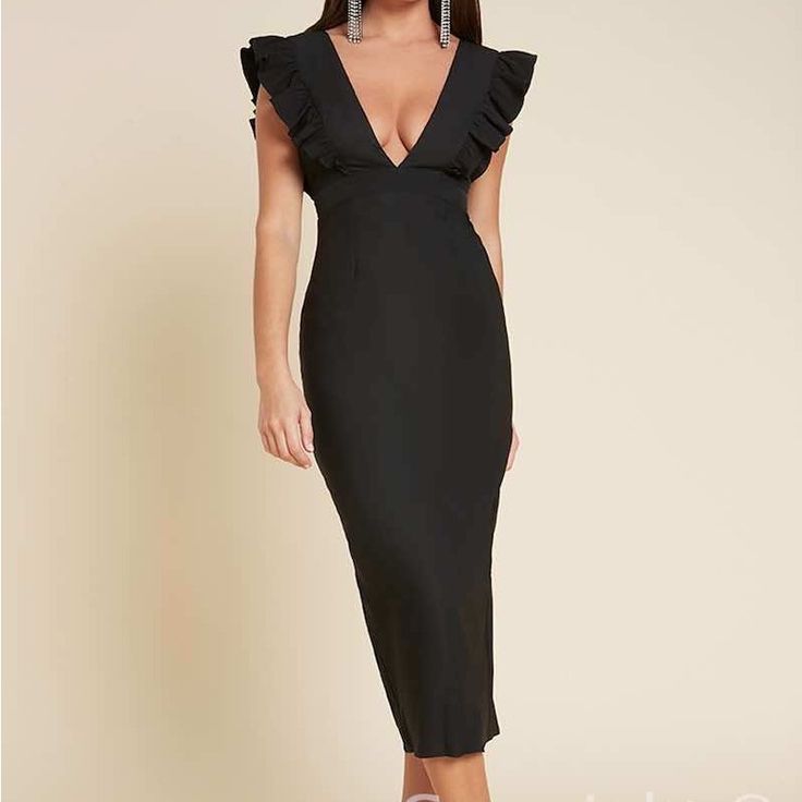 Runaway The Label Prezman Midi Dress - Black Xs Fitted Black V-neck Midi Dress, Fitted Black Midi Dress With V-neck, Fitted Black Dress For Brunch, Fitted Black Midi Dress With Ruffles, Fitted Black Midi Dress For Brunch, Black V-neck Midi Dress For Date Night, Black Fitted Midi Dress For Brunch, Black V-neck Midi Dress For Going Out, Black Ruffle Dress For Going Out