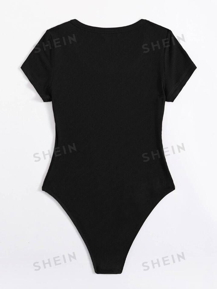 SHEIN EZwear Black Mock-Neck Rib-Knit Bodysuit | SHEIN USA Casual Cotton Short Sleeve Bodysuit, Solid High Stretch Cotton Bodysuit, High Stretch Cotton Solid Bodysuit, Casual Scoop Neck Summer Bodysuit, High Stretch Solid Color Cotton Bodysuit, Summer Plain Bodysuit, Casual High Stretch Black Bodysuit, Casual High Stretch Crew Neck Short Sleeve Bodysuit, Casual High Stretch Crew Neck Bodysuit