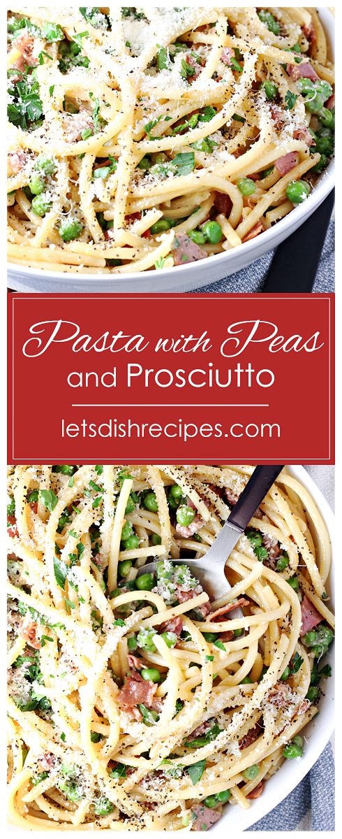 pasta with peas and prosciutto in a white bowl