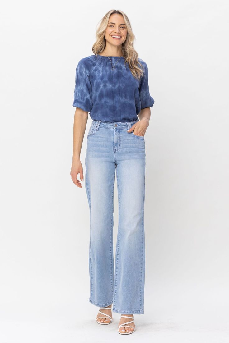 Material: 91% Cotton / 7% Poly / 2% SpandexFront Rise: 11 1/4"Inseam: 33"Model Info:Size: 1Height: 5'9Waist: 24"Hip: 34" Wine Boutique, Judy Blue Jeans, Jeans Online, Light Wash Jeans, Wide Leg Denim, Blue Jean, Pocket Detail, Cropped Jeans, Wide Leg Jeans