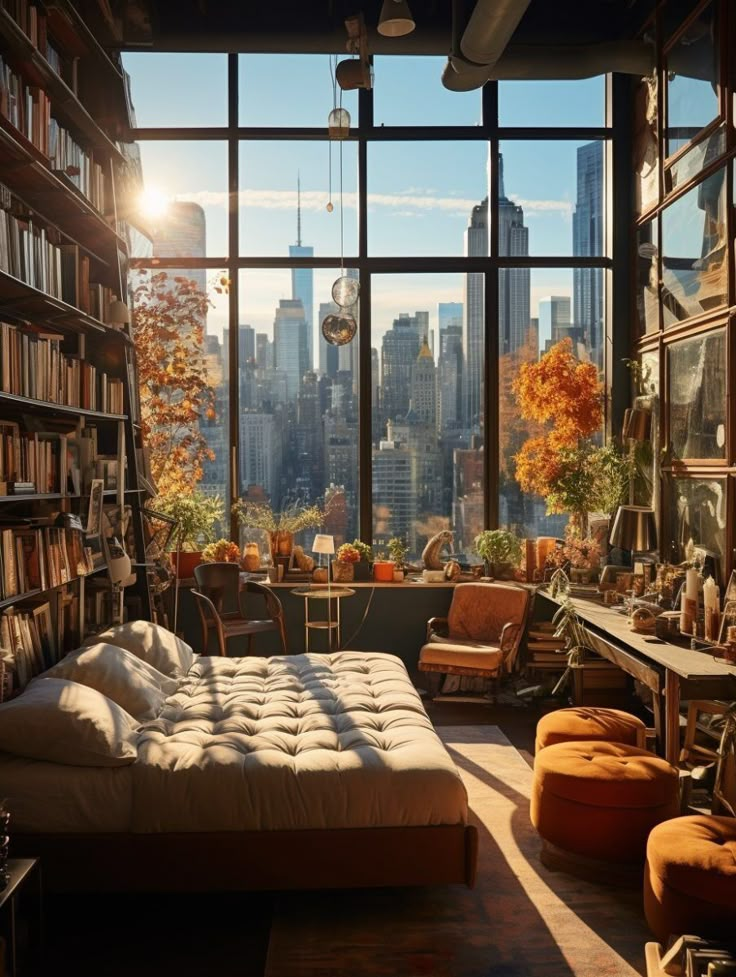 a bedroom with lots of bookshelves and furniture in front of a large window