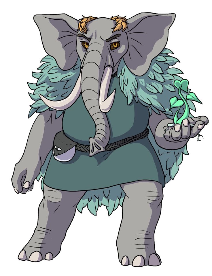 an elephant in a blue dress with wings on it's back, holding a plant