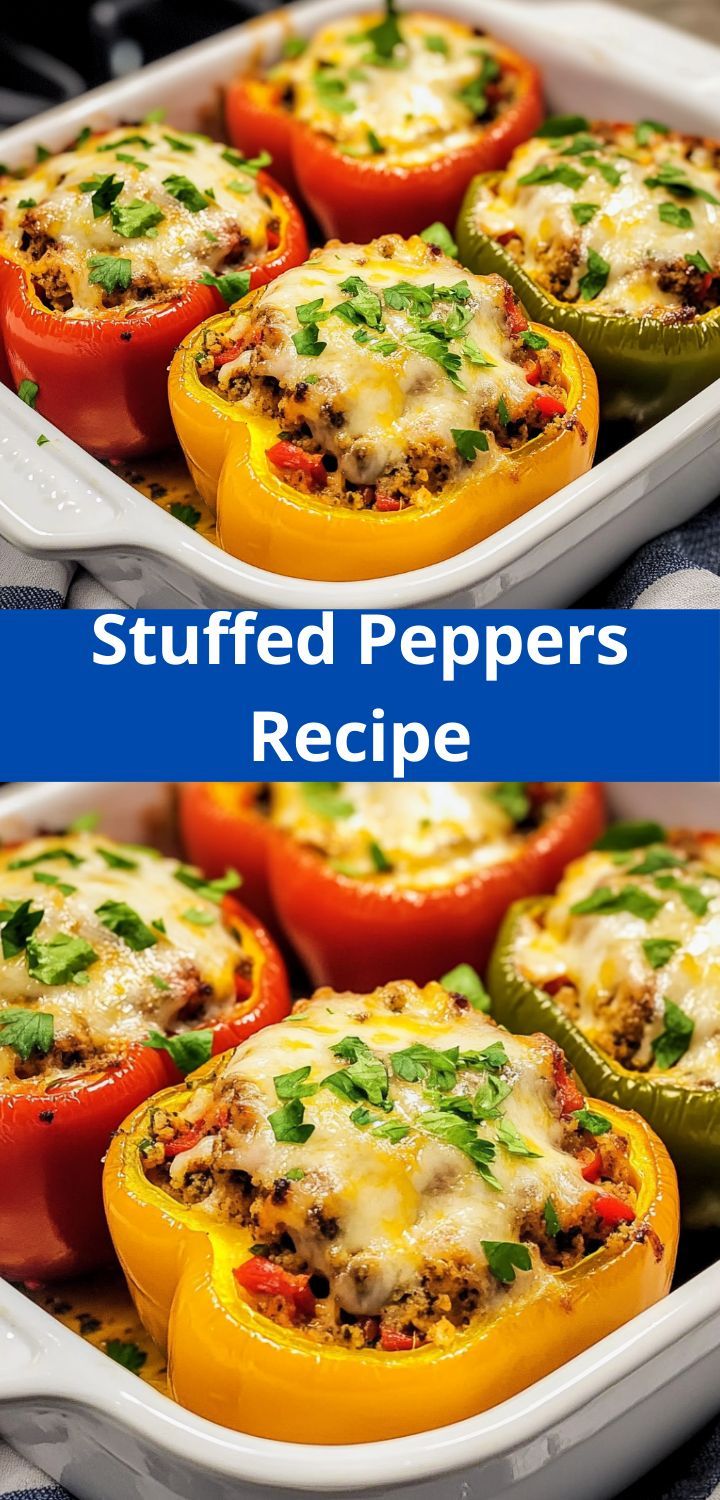 stuffed peppers in a casserole dish with cheese and seasoning on top, ready to be eaten