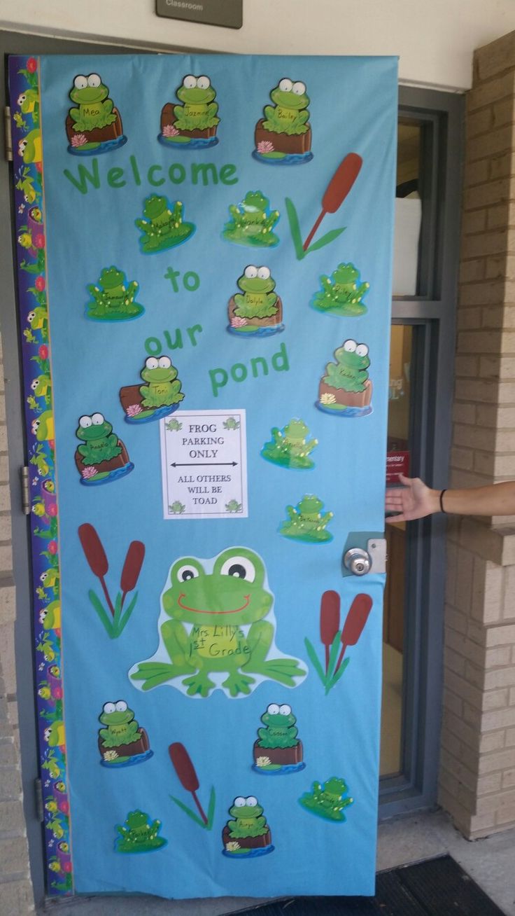 a blue door decorated with frog images and words