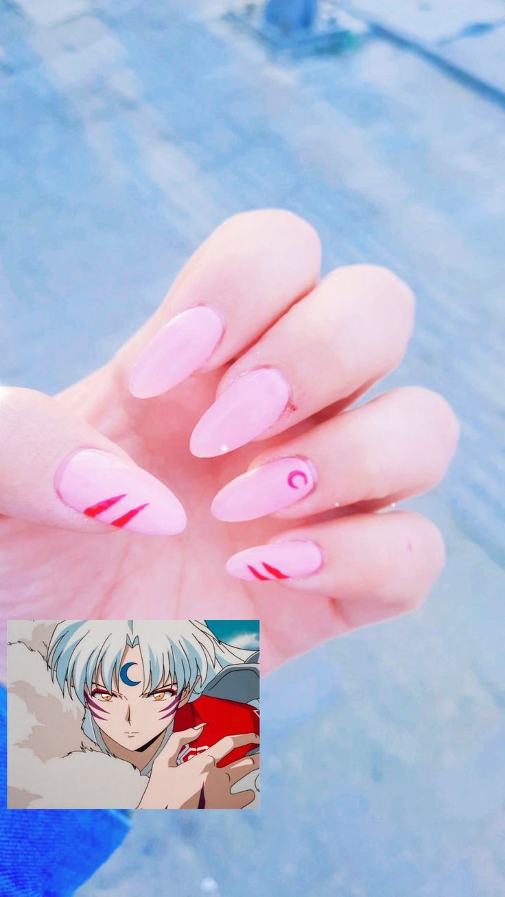 Snorlax Acrylic Nails, Inuyasha Nails Acrylic, Sesshomaru Nail Art, Nails Acrylic Anime Inspired, Inuyasha Inspired Nails, Easy Anime Nail Designs, Anime Themed Nails Acrylic, Anime Nails Art Ideas, Cute Nails Anime