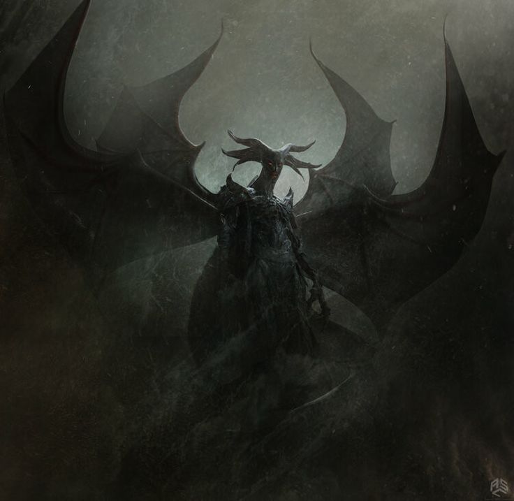 a demonic creature with large horns on its head standing in front of dark, foggy background