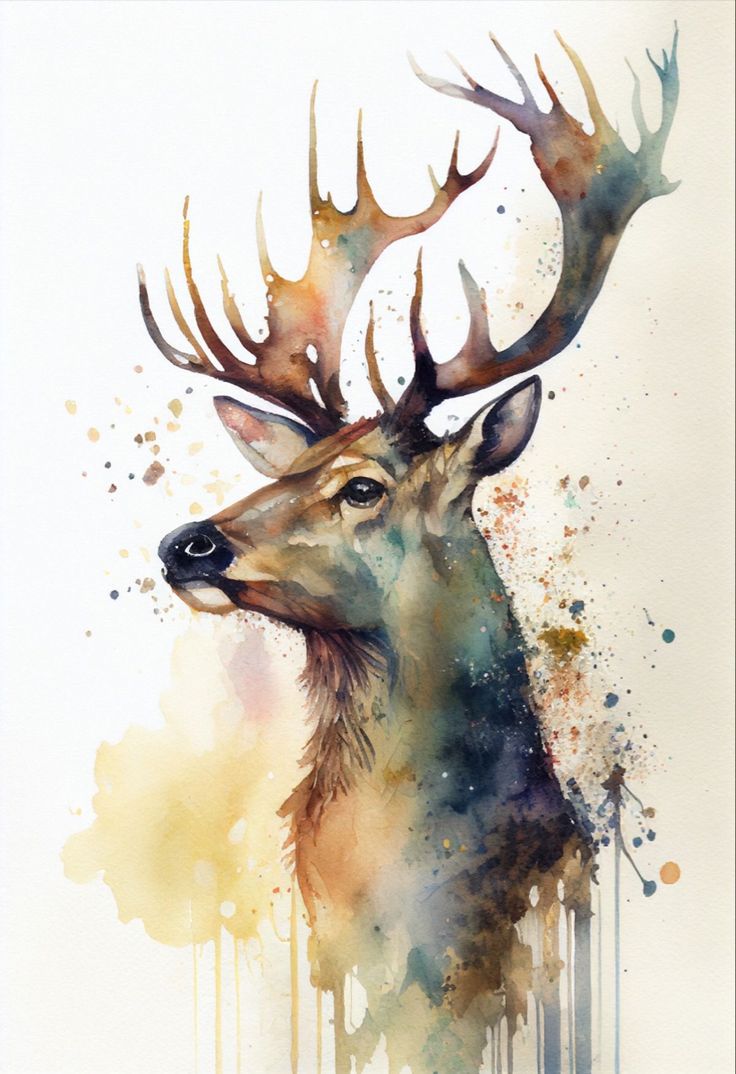 a watercolor painting of a deer with antlers on it's head and eyes