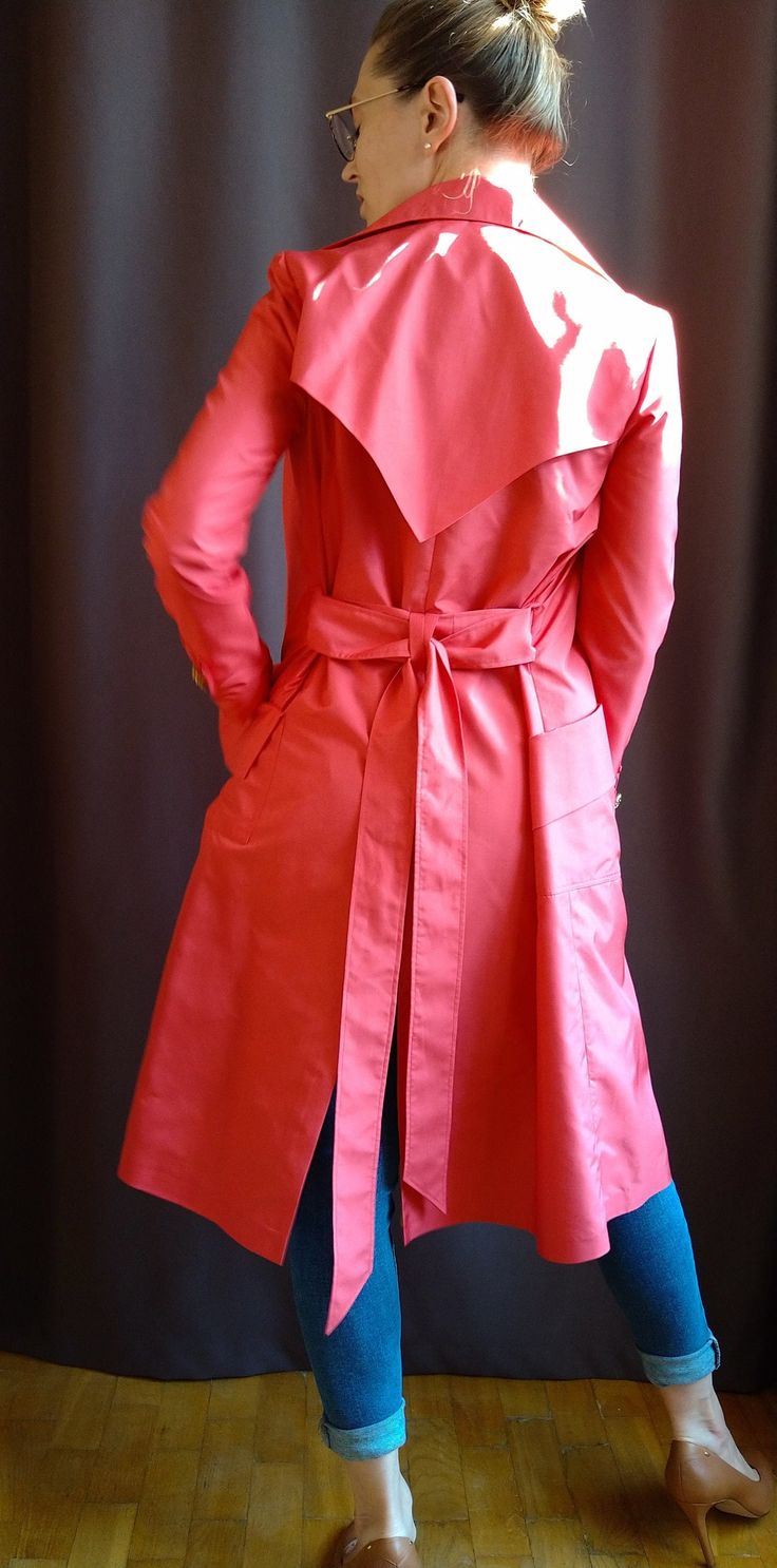 Wonderful Trench coat in vibrant Pink color, contrasting Lime Green lining and complementary Golden buttons. Double breasted with a belt and comfy pockets. Great item for the spring, summer and early autumn. Very chic and universal. You can easily create casual, understated look that is still hip, fresh, updated and modern. I can make this trench coat in any size, so please do not hesitate and send me your bust, waist and hips measurements or wright me, what size you usually wear. ;) Spring Outerwear With Belt And Lapel Collar, Spring Outerwear With Belt, Spring Outerwear With Belt Loops And Lapel Collar, Spring Outerwear With Lapel Collar And Belt Loops, Pink Long Summer Outerwear, Long Pink Summer Outerwear, Spring Outerwear With Lapel Collar And Self Belt, Spring Outerwear With Self Belt And Lapel Collar, Spring Outerwear With Self Belt