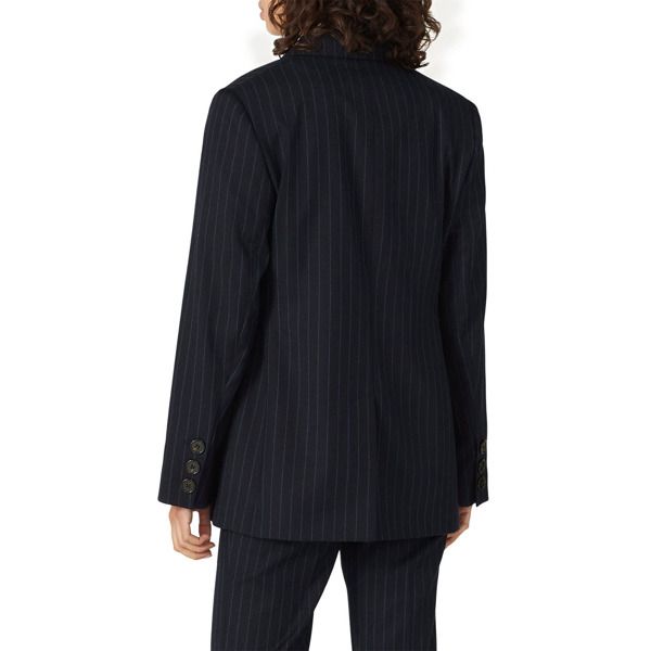 Blue wool (53% Wool, 29% Polyester, 16% Viscose, 2% Elastane). Jacket. Long sleeves. Button closure. Fully lined. Pockets. 27" from shoulder to hemline. Imported. Striped Button-up Blazer For Work, Tailored Striped Outerwear For Fall, Fall Striped Formal Suit, Fall Pinstripe Office Suits, Formal Striped Fall Suit, Fall Office Pinstripe Suits, Formal Striped Suit For Fall, Striped Wool Blazer With Notch Lapel, Fall Pinstripe Wool Blazer