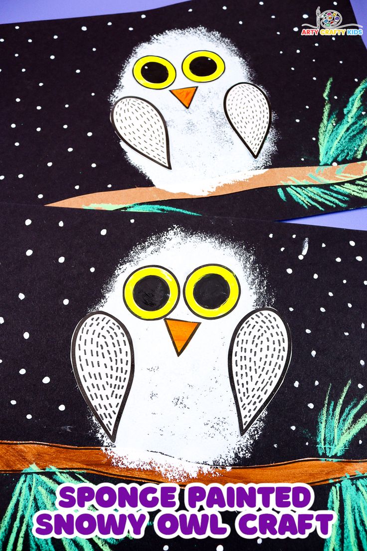 an owl is sitting on a tree branch in the night with snow and stars painted on it