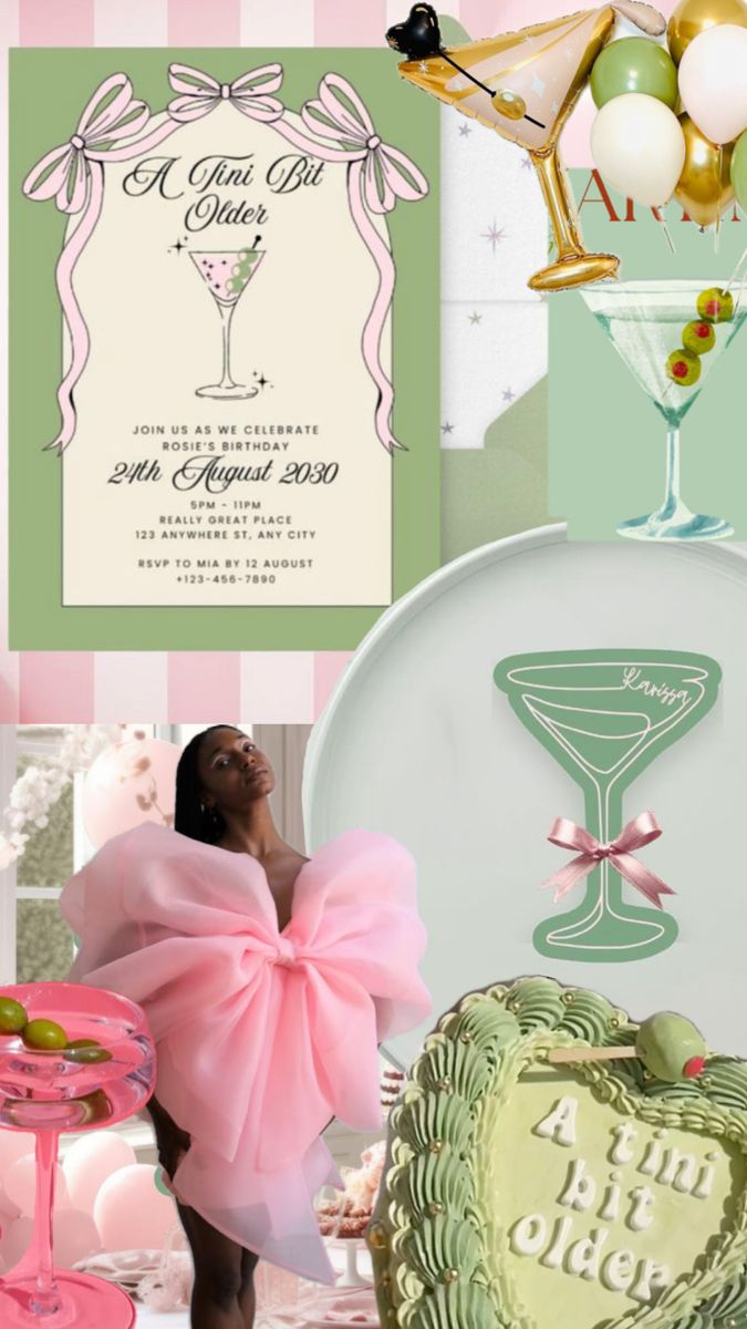 Birthday Martini themes Diy Martini Bar, Dirty Thirty Martini Party, 30th Birthday Party Themes For Women Decoration, Tiny Bit Older Party, A Tiny Bit Older Party Theme, Martini Bar Party Ideas, Martini Themed Birthday Party, Martini Birthday Party Theme, Martini Party Ideas Decoration