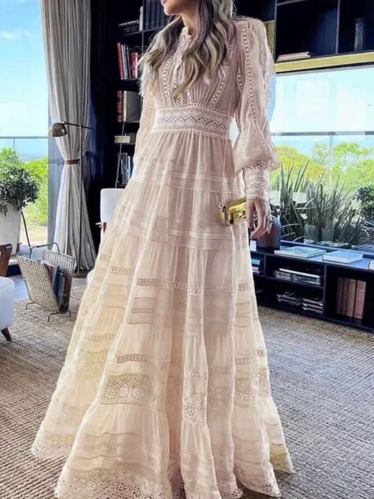 Elegant look. Long sleeves. Lace details. Color may be lighter or darker depending of the device it is displayed. Long Beige Dress, Gown Long Sleeve, Long Sleeve Embroidered Dress, Embroidered Lace Dress, Bohemian Bridal, Romantic Dinner, Charm Making, Intricate Embroidery, Lace Maxi