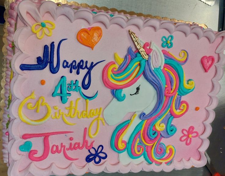 a birthday cake decorated with an image of a unicorn