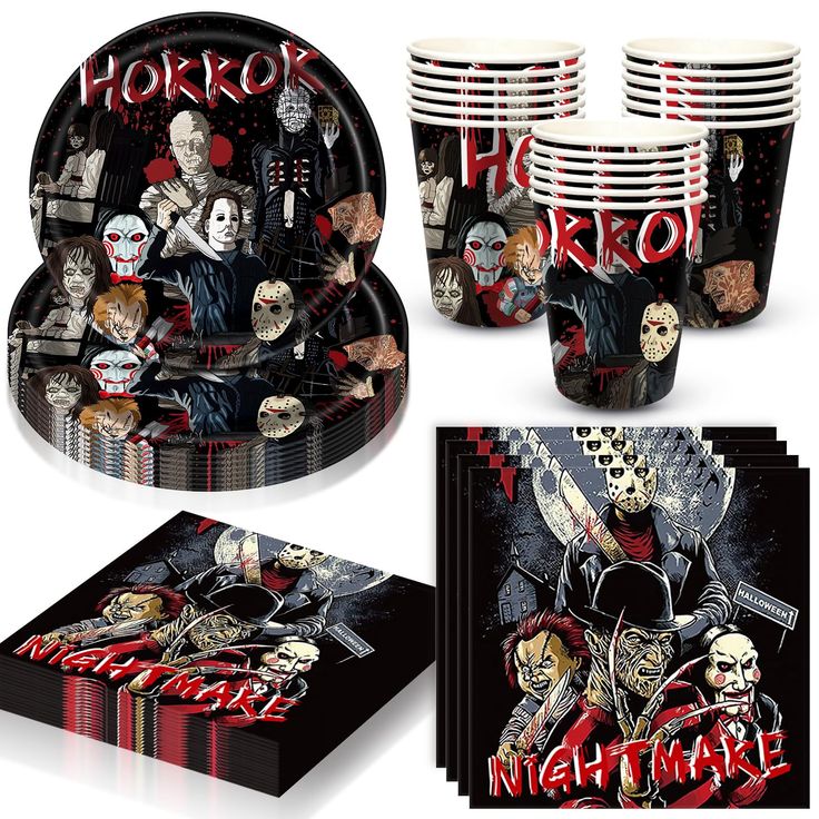 a set of halloween themed party supplies including plates, napkins and cups with images of horror characters on them