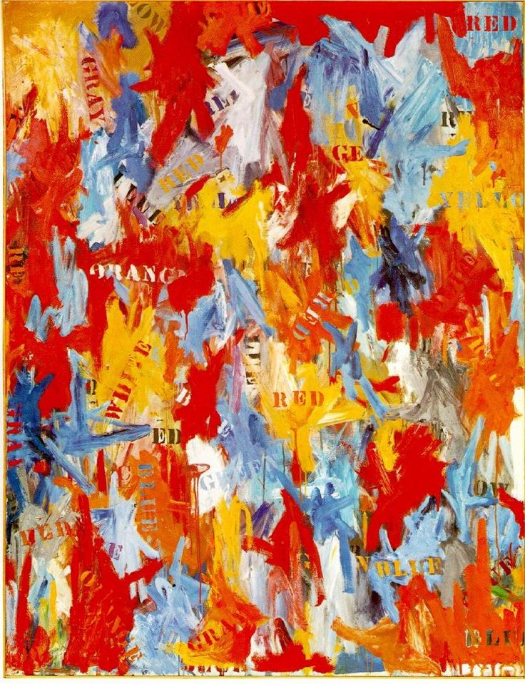 an abstract painting with red, yellow and blue colors