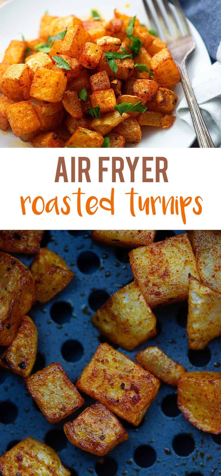 air fryer roasted turnips on a plate with fork and knife in the background