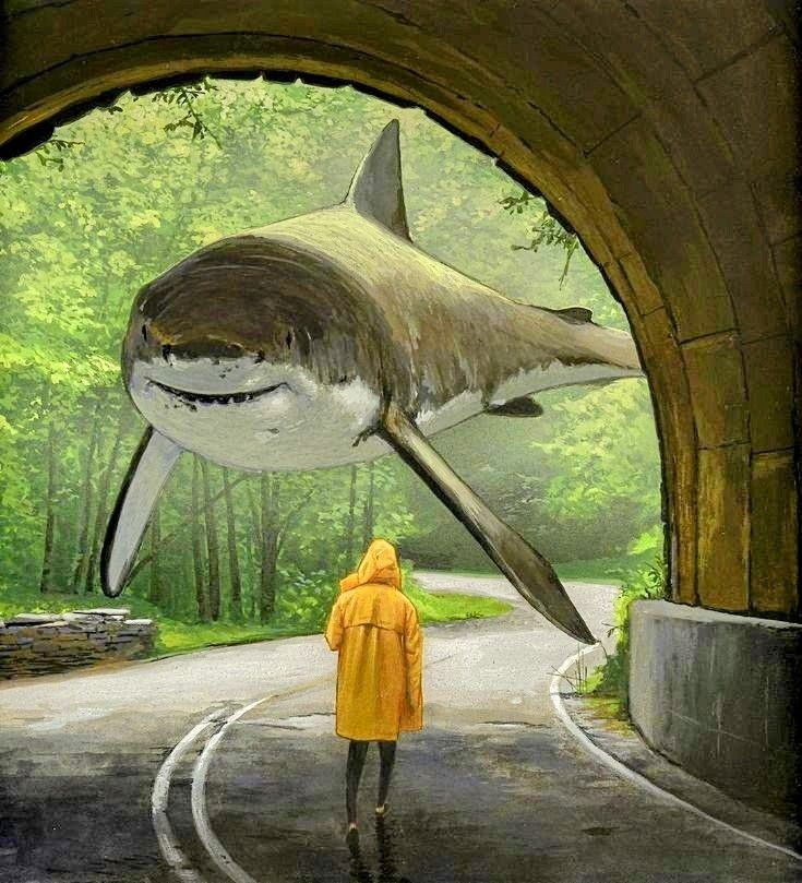 a painting of a person standing in front of a large shark on the side of a road