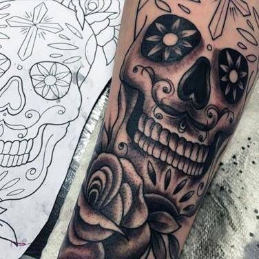 a man's arm with a skull and roses tattoo on it