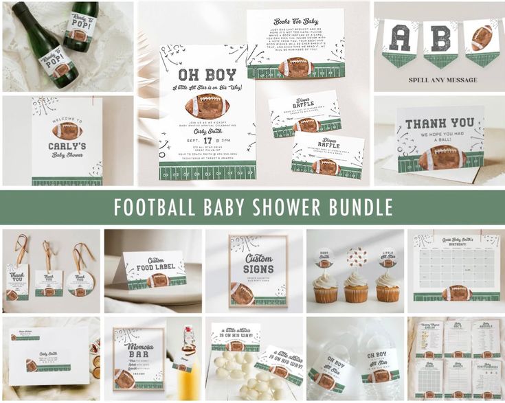 the football baby shower bundle includes items such as cards, envelopes and cupcakes