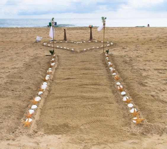 a beach wedding setup with starfish and seashells in the sand on the beach