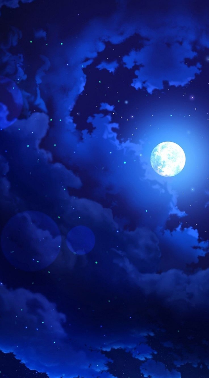 the full moon is shining brightly in the night sky with clouds and stars around it