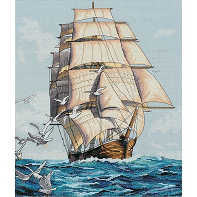 a cross stitch pattern of a sailing ship with seagulls flying around the sail