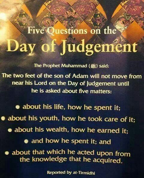 a sign with the words five questions on the day of judgement in front of it