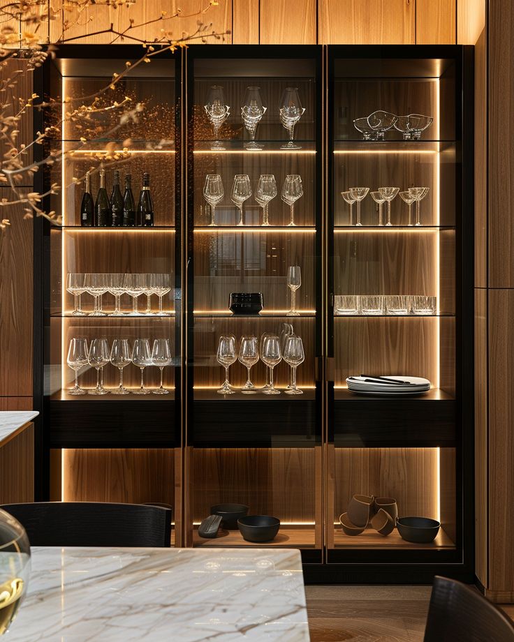 an elegant dining room with wine glasses on display