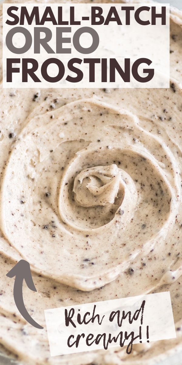 a close up of a bowl of food with the words small batch oreo frosting