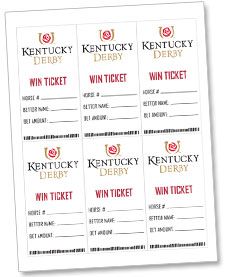 two tickets with the words kentucky derby and win ticket written in red on white paper