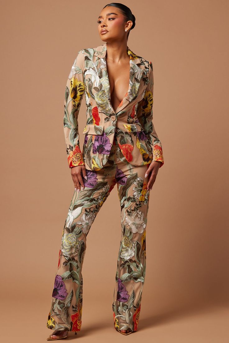 Available In Nude/combo. Floral Embroidery Blazer Lapel Collar Long Sleeves w. Shoulder Pads Button Closure Front Pockets Lined Non Stretch Disclaimer: Due To The Embroidery Placement, Each Garment Is Unique. Main: 100% Polyester Lining: 100% Polyester Imported | Adaila Floral Embroidered Blazer in Nude size XS by Fashion Nova Floral Suits Women Indian, Floral Suits Women, Mother Of The Bride Pant Suits, Nude Outfit Ideas, Artistic Clothes, Embroidery Blazer, Unique Blazer, Embroidery Placement, Embroidered Blazer