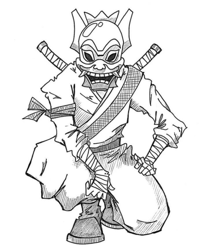 a drawing of a cartoon character with a mask on and holding two swords in his hands