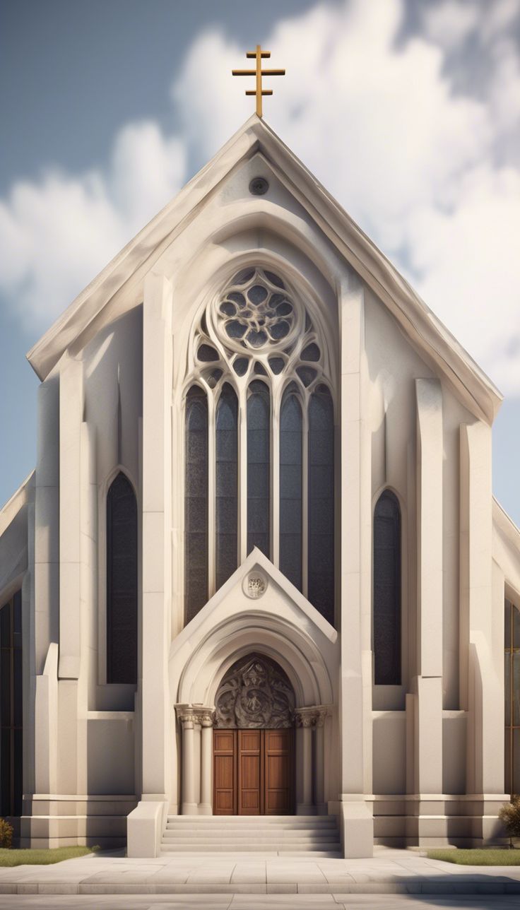 a large white church with a cross on the front door and windows over it's entrance