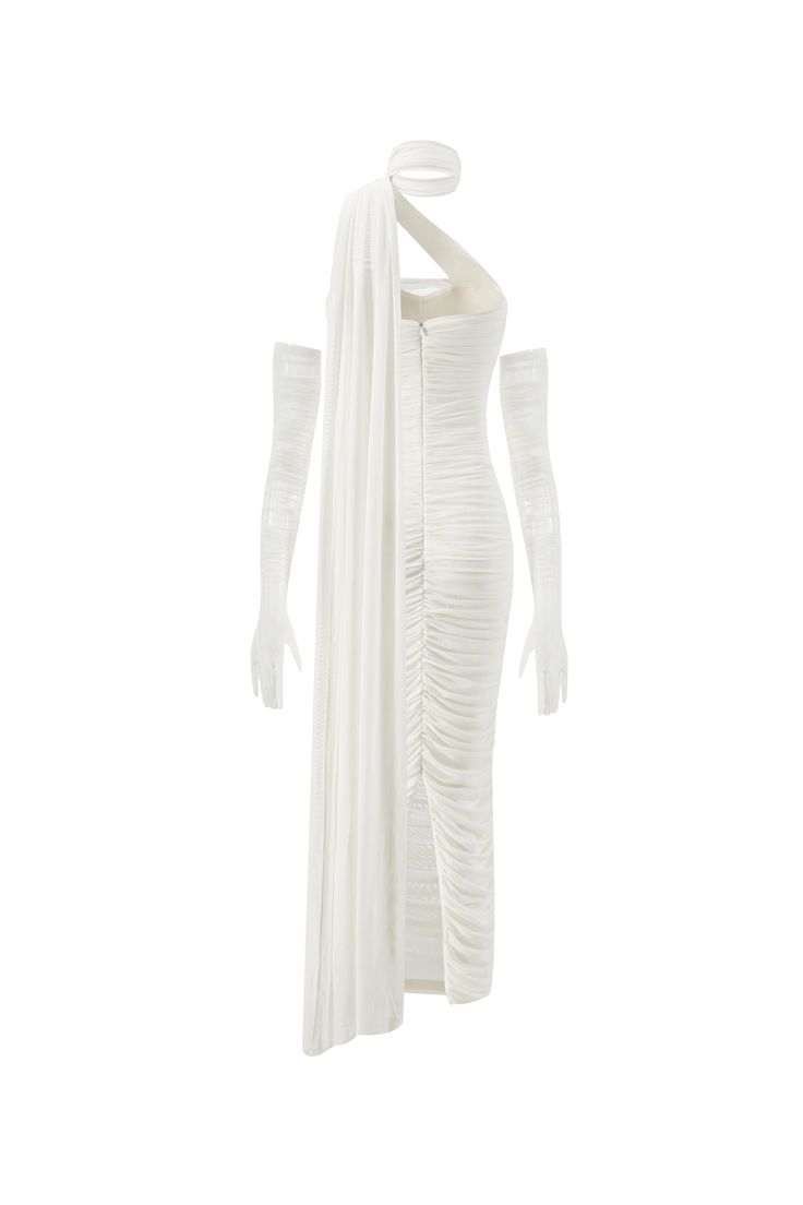 Make a stunning statement in The Gia Dress. This maxi dress hugs your curves in all of the right places, and comes with long mesh gloves that add an elegant touch. The mesh ribbon around the neck will make you feel chic and beautiful. Complete the look with a pair of heels and statement earrings. Glamorous White Midi Dress For Evening, Elegant White Mesh Dress For Summer, Elegant White Stretch Maxi Dress, Elegant Stretch White Maxi Dress, Chic White Mesh Dress For Evening, White Backless Maxi Dress For Evening, White Sheer Mesh Dress For Evening, White Stretch Evening Dress, White Mesh Dress For Evening