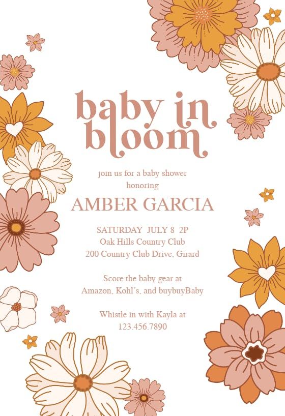 a baby shower with flowers on the bottom and an orange, white and pink background