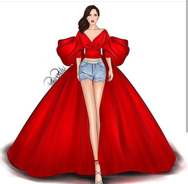 a drawing of a woman in a red dress with her hands on her hips and wearing high heels