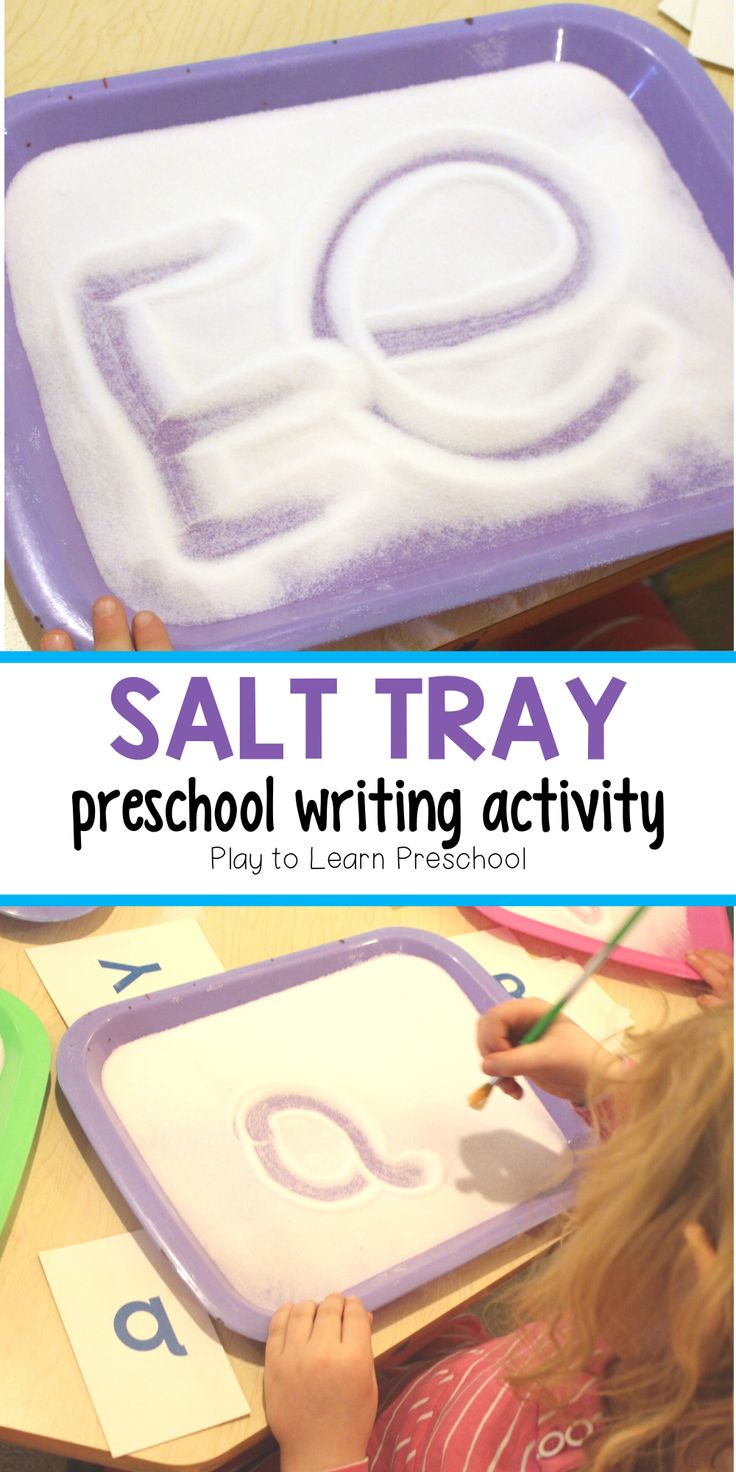 salt tray preschool writing activity for kids to practice letter formation and spelling with foam letters