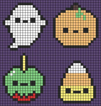 four pixellated pumpkins with faces on them