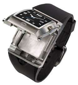 a watch with black leather band and silver dial