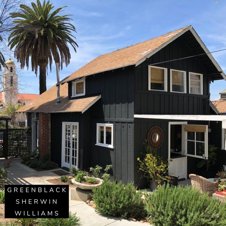 a black house with palm trees in the front yard and landscaping on the side walk