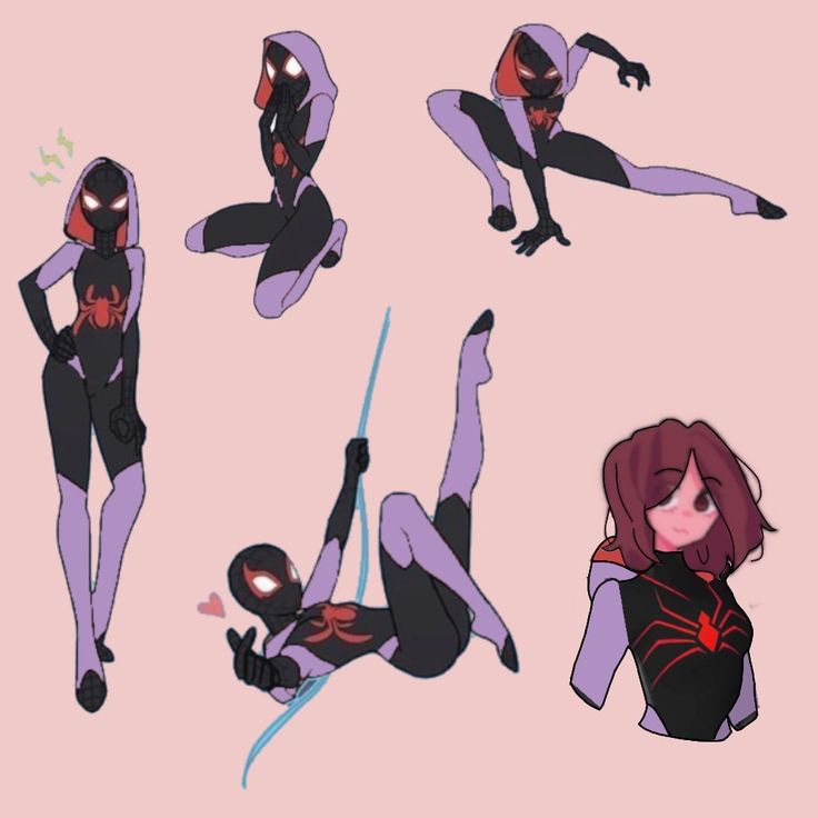 various poses of spider - man into the spider verse in black and purple outfits with red eyes